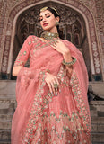 Peach Color Soft Net Fabric Resham And Zari Work Lehenga