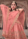 Peach Color Soft Net Fabric Resham And Zari Work Lehenga