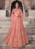 Peach Color Soft Net Fabric Resham And Zari Work Lehenga