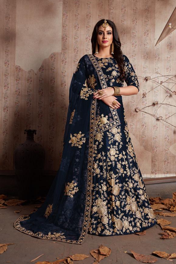 Navy Blue Color Velvet Silk Embroidery Designer Lehenga Wedding – Gunj  Fashion
