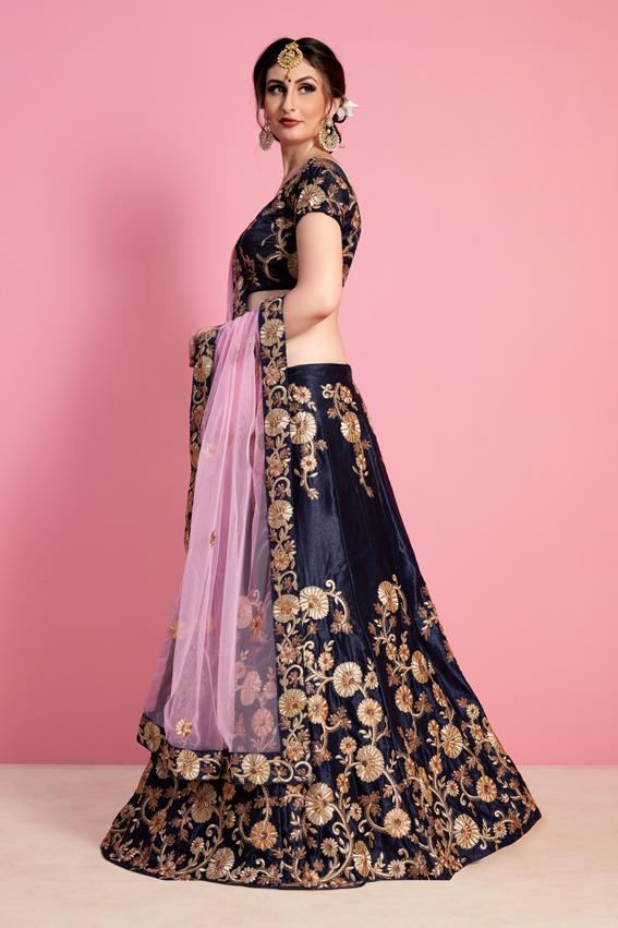 Dark Blue Designer Embroidery Worked Lehenga Choli With Pink Dupatta