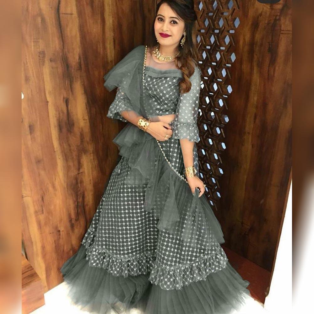 Indian Bridal Grey Lehenga Choli With Thread Embroidered Wor