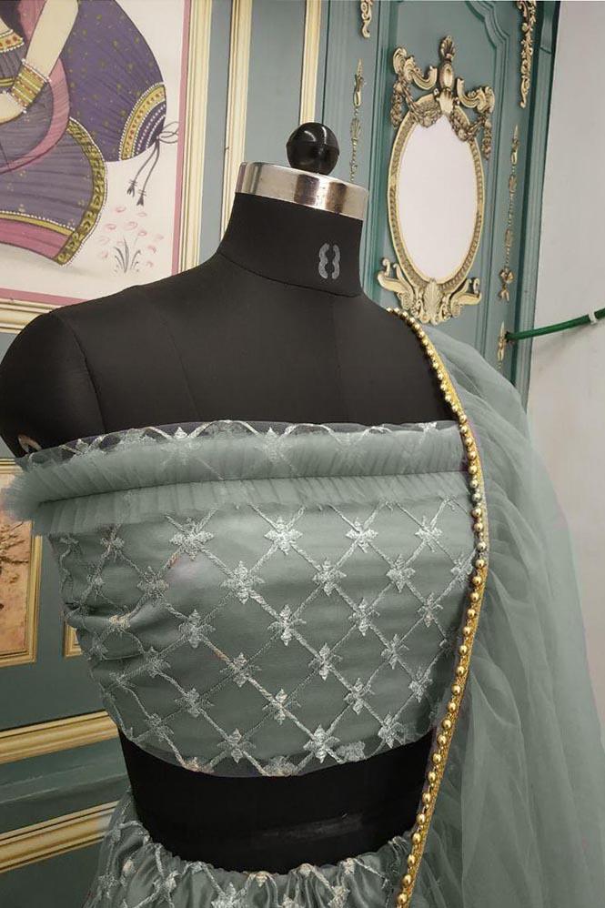 Grey Color Lehenga Choli With Ruffle Dupatta For Party Wear – Cygnus Fashion