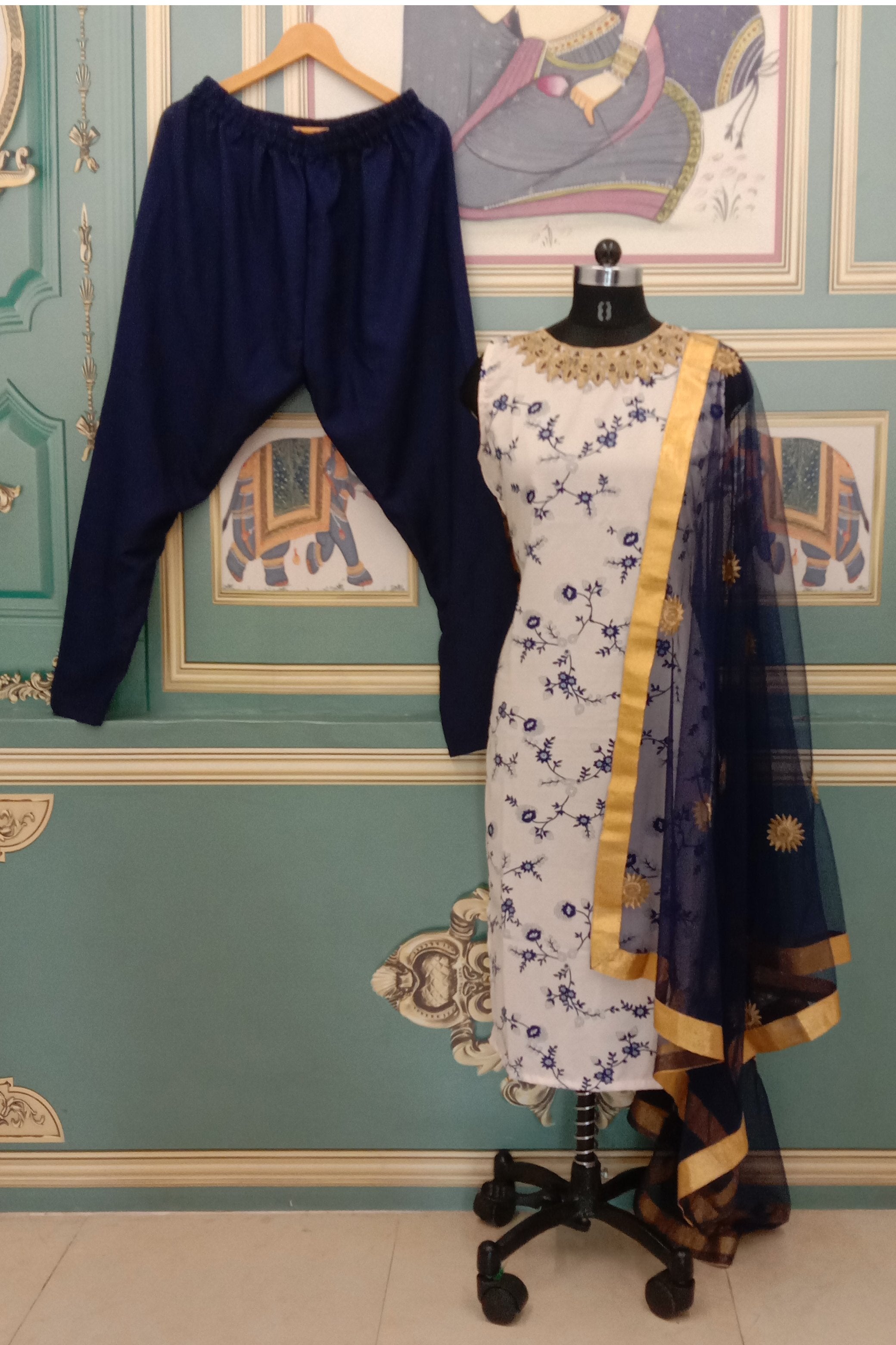 White & Blue Colored Salwar Suit With Thread Embroidery Work