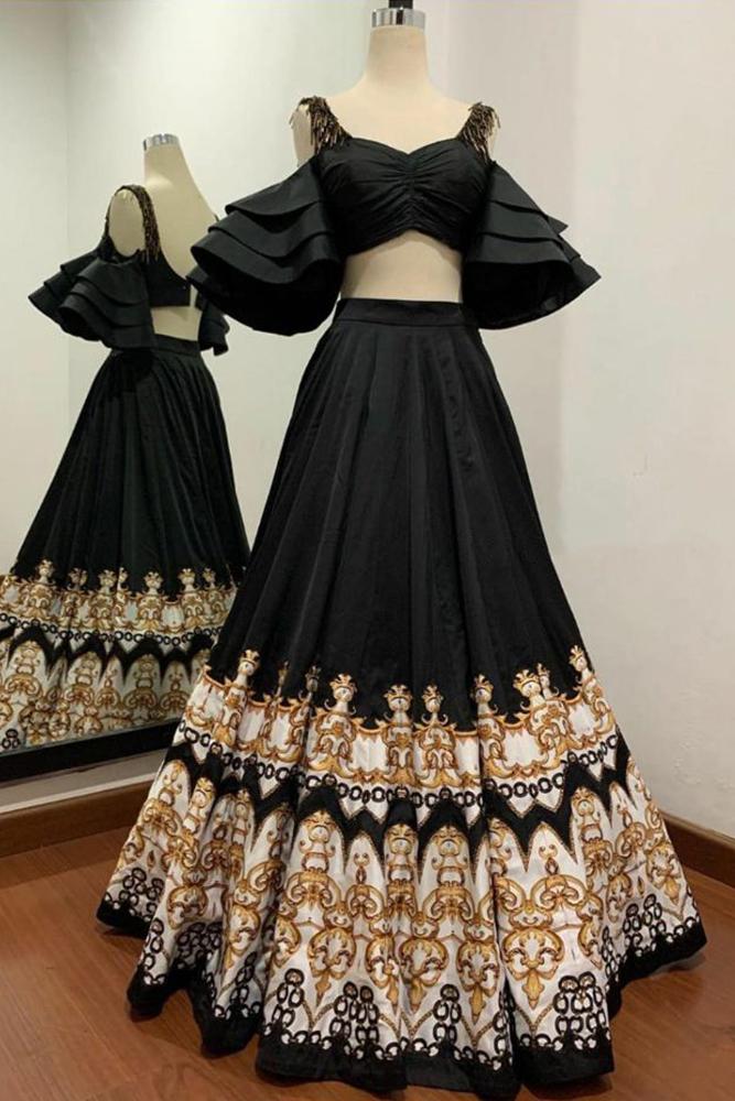 Buy Q by Sonia Baderia Black Lycra Silk Crepe Gota Work Embroidered Lehenga  Set Online | Aza Fashions