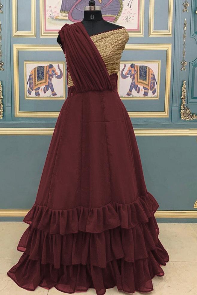 Rose & Golden Ethnic Motifs Printed Maxi Dress With Attached Dupatta -  VitansEthnics