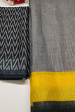 Moon Black And Yellow Pure Linen Jari Patta And Digital Print Saree With Blouse