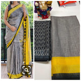 Moon black and yellow Pure Linen Jari Patta and Digital Print Saree with Blouse - Cygnus Fashion