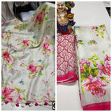 Glacier white Pure Linen Jari Patta and Digital Print Saree with Blouse - Cygnus Fashion