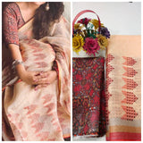 PEACH Pure Linen Jari Patta and Digital Print Saree with Blouse - Cygnus Fashion