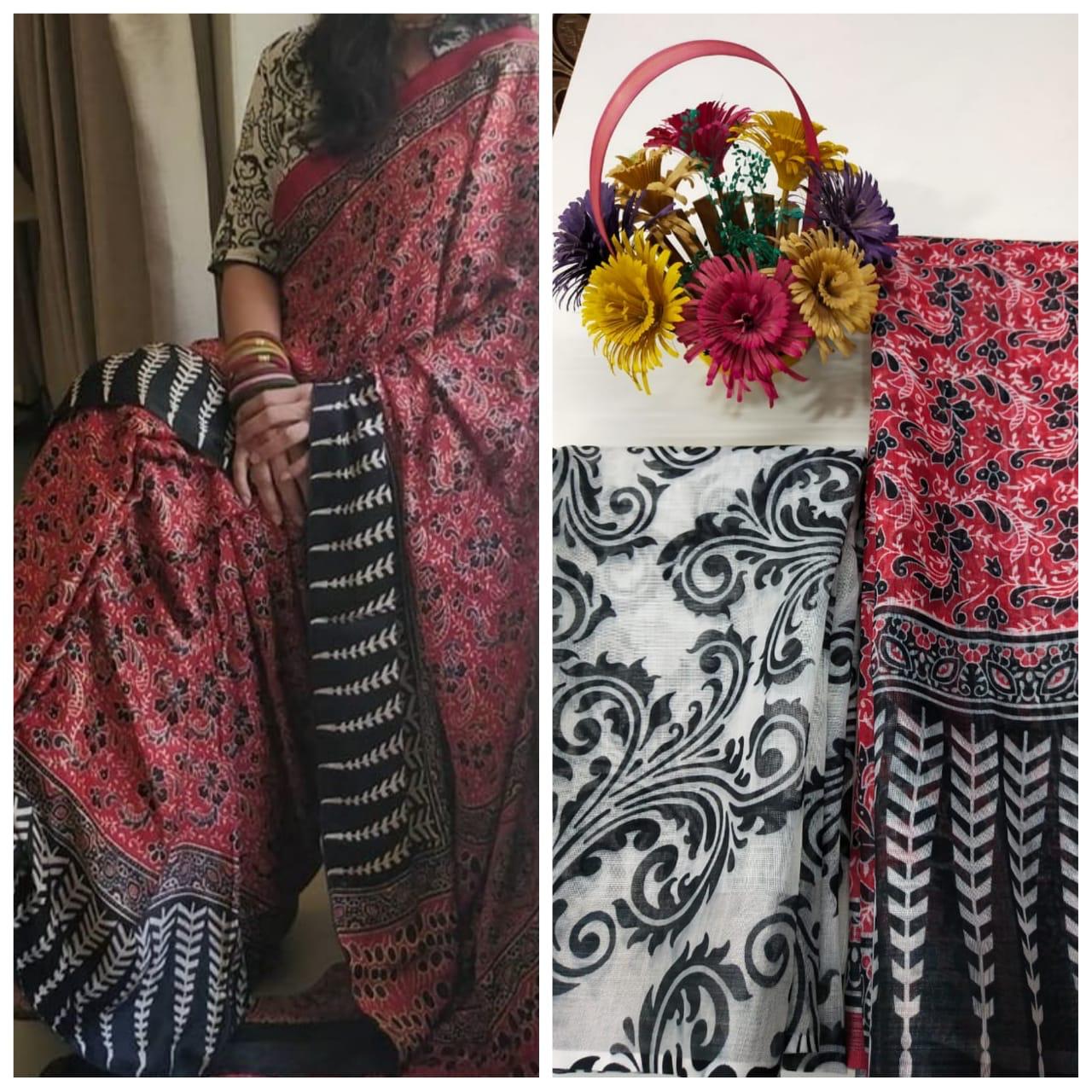 COLOURFULL RED & GREY Pure Linen Jari Patta and Digital Print Saree with Blouse - Cygnus Fashion