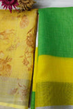 Classy green and yellow Pure Linen Jari Patta and Digital Print Saree with Blouse - Cygnus Fashion