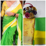 Classy green and yellow Pure Linen Jari Patta and Digital Print Saree with Blouse - Cygnus Fashion
