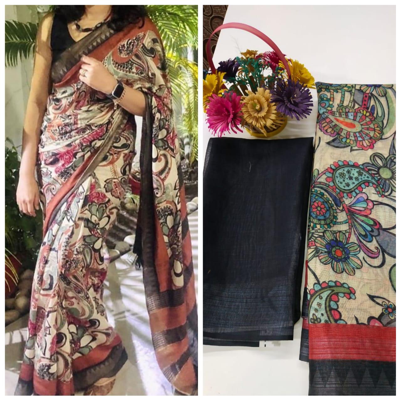 Multicolour Pure Linen Jari Patta and Digital Print Saree with Blouse - Cygnus Fashion