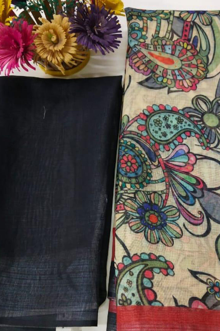 Multicolour Pure Linen Jari Patta and Digital Print Saree with Blouse - Cygnus Fashion