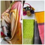 colourful Lining Pure Linen Jari Patta and Digital Print Saree with Blouse - Cygnus Fashion