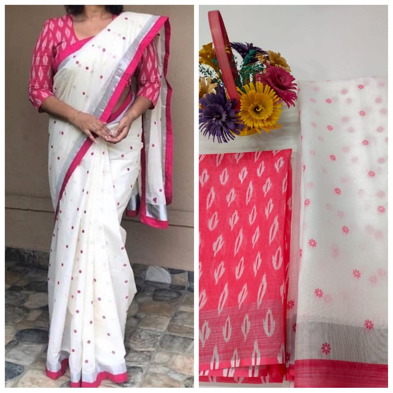 Pink with vanilla white Pure Linen Jari Patta and Digital Print Saree with Blouse - Cygnus Fashion