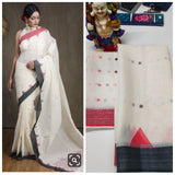 CREAM WHITE Pure Linen Jari Patta and Digital Print Saree with Blouse - Cygnus Fashion