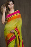 GREENY ORANGE Pure Linen Jari Patta and Digital Print Saree with Blouse - Cygnus Fashion