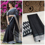 AURORA BLACK Pure Linen Jari Patta and Digital Print Saree with Blouse - Cygnus Fashion