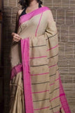CREAMY COFFE Pure Linen Jari Patta and Digital Print Saree with Blouse - Cygnus Fashion