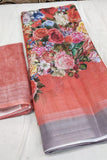 MOTEGI RED Pure Linen Jari Patta and Digital Print Saree with Blouse - Cygnus Fashion