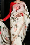 VANILA WHITE Pure Linen Jari Patta and Digital Print Saree with Blouse - Cygnus Fashion