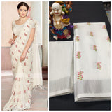 CREAMY WHITE PURE LINEN JARI PATTA AND DIGITAL PRINT SAREE WITH BLOUSE - Cygnus Fashion