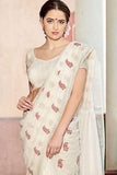 CREAMY WHITE PURE LINEN JARI PATTA AND DIGITAL PRINT SAREE WITH BLOUSE - Cygnus Fashion