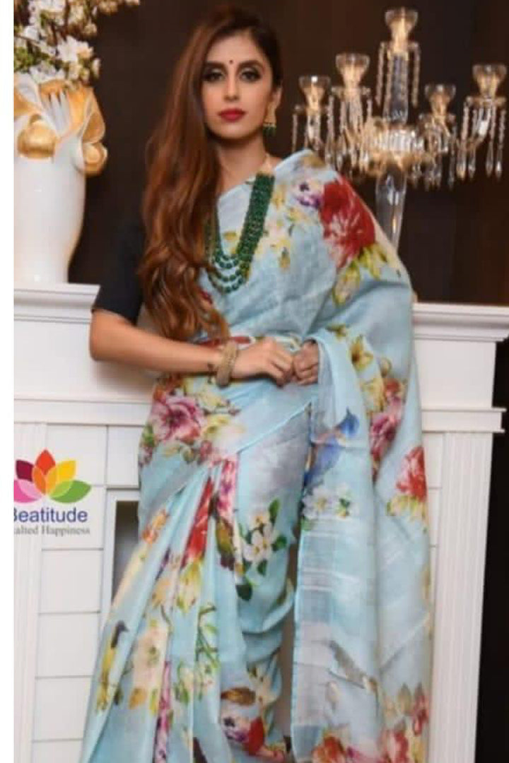 SKYBLUE Pure Linen Jari Patta and Digital Print Saree with Blouse - Cygnus Fashion