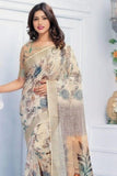 CREAMY OFF WHITE Pure Linen Jari Patta and Digital Print Saree with Blouse - Cygnus Fashion