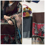 DARK COFFE Pure Linen Jari Patta and Digital Print Saree with Blouse - Cygnus Fashion