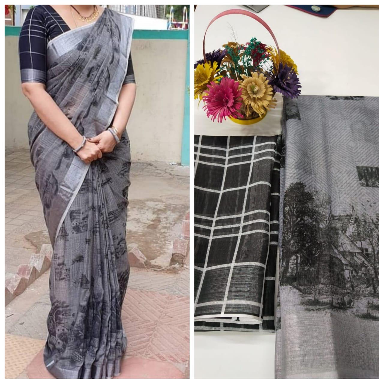 WATER BLACK Pure Linen Jari Patta and Digital Print Saree with Blouse - Cygnus Fashion