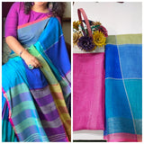 COLOURFUL Pure Linen Jari Patta and Digital Print Saree with Blouse - Cygnus Fashion