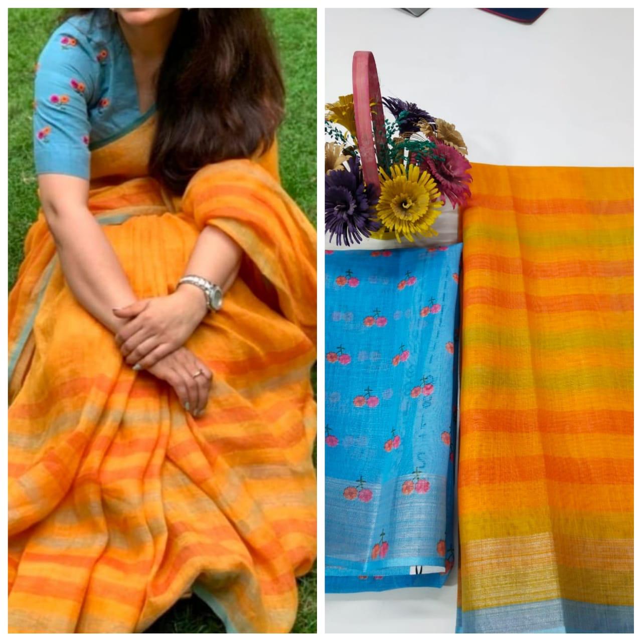 PUNCHY ORANGE Pure Linen Jari Patta and Digital Print Saree with Blouse - Cygnus Fashion