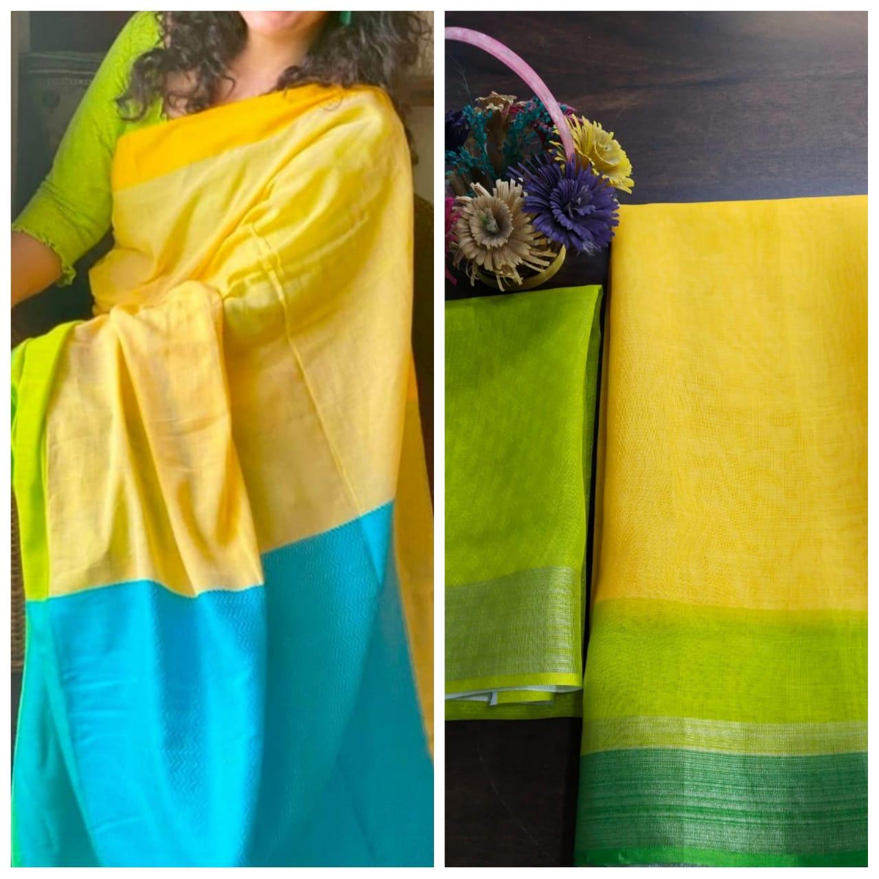 YELLOW Pure Linen Jari Patta and Digital Print Saree with Blouse - Cygnus Fashion