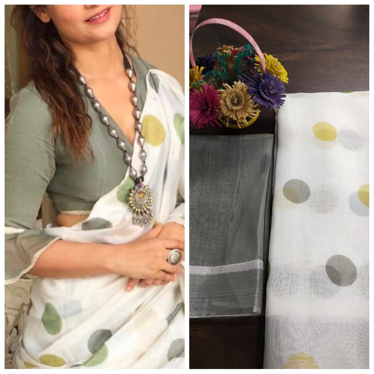 DOTS WHITE Pure Linen Jari Patta and Digital Print Saree with Blouse - Cygnus Fashion