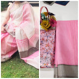 NIGHTY PINK Pure Linen Jari Patta and Digital Print Saree with Blouse - Cygnus Fashion