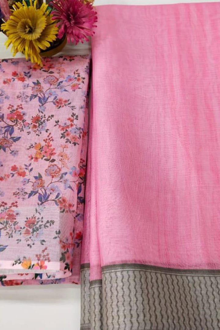 NIGHTY PINK Pure Linen Jari Patta and Digital Print Saree with Blouse - Cygnus Fashion