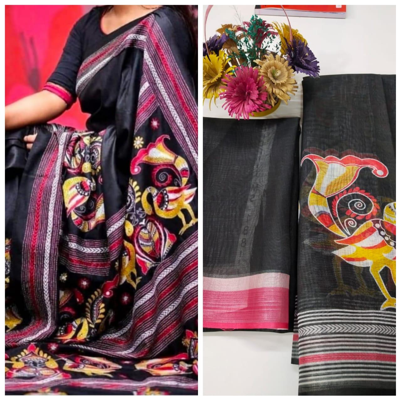 MARBLE BLACK Pure Linen Jari Patta and Digital Print Saree with Blouse - Cygnus Fashion