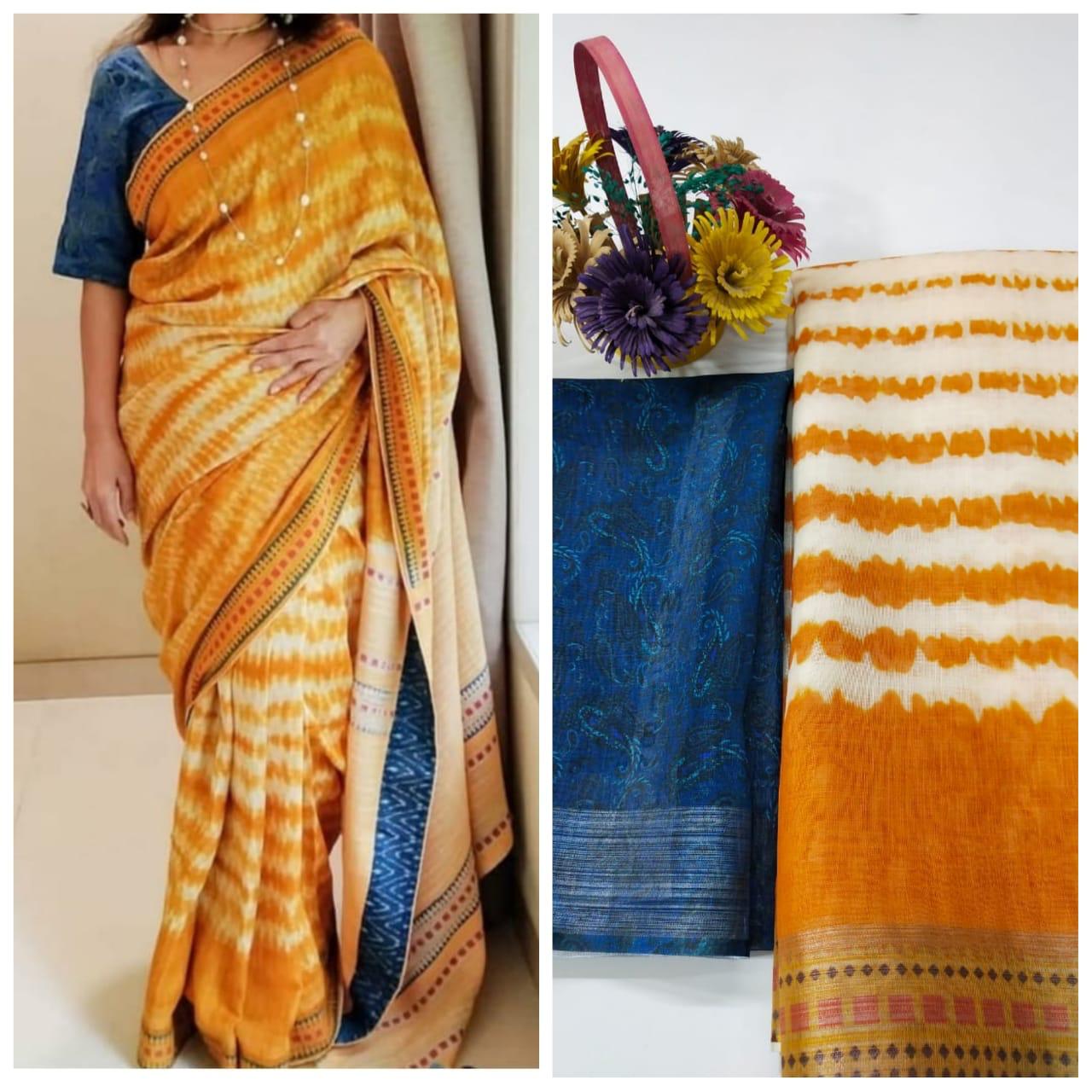 BLUE ORANGE Pure Linen Jari Patta and Digital Print Saree with Blouse - Cygnus Fashion