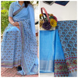 WATER BLUE Pure Linen Jari Patta and Digital Print Saree with Blouse - Cygnus Fashion