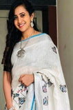 Wonderful white and blue Pure Linen Jari Patta and Digital Print Saree with Blouse - Cygnus Fashion