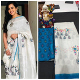 Wonderful white and blue Pure Linen Jari Patta and Digital Print Saree with Blouse - Cygnus Fashion