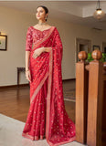 Glitzy Neon Pink Color Organza Base Saree With Heavy Embroidered Blouse