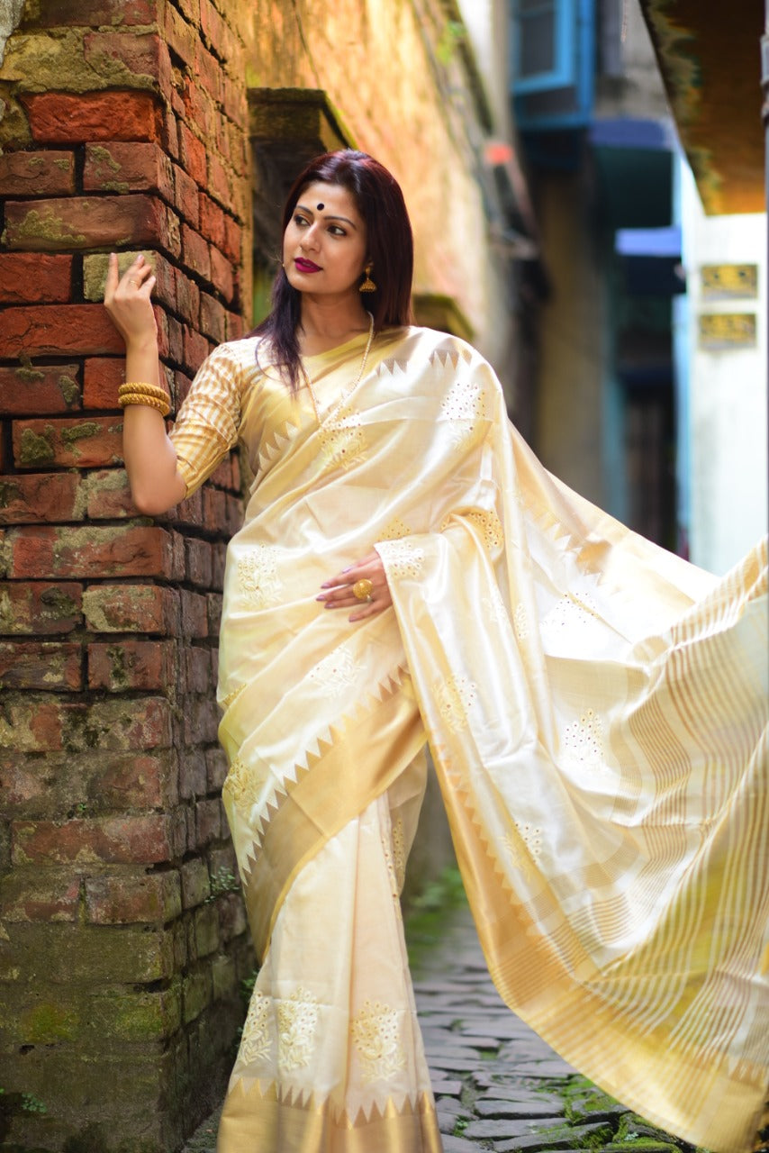 Cream Gold Silk Saree - Sarees Designer Collection