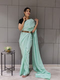 Aqua Fancy Silk Satin Patta Border Saree With Belt