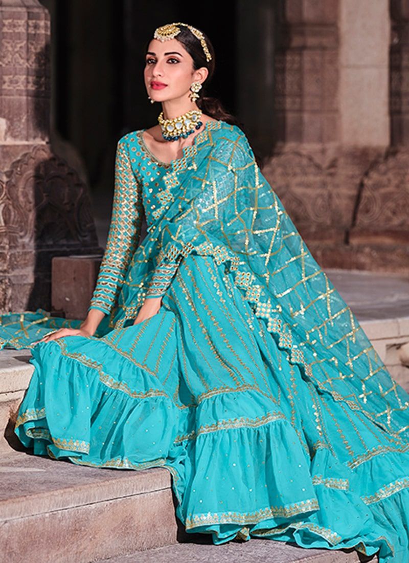 Turquoise Pink and orange Lehenga with sequins and mirrors – Ricco India