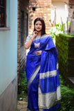 DARK BLUE BANGLORI RAW SILK WEAVING SAREE - Cygnus Fashion