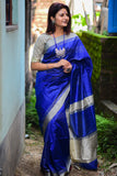 DARK BLUE BANGLORI RAW SILK WEAVING SAREE - Cygnus Fashion